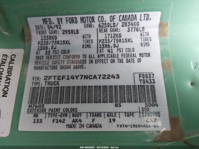 Aukcja sprzedaży 1992 Ford F150, vin: 2FTEF14Y7NCA72243, numer aukcji: 45082557