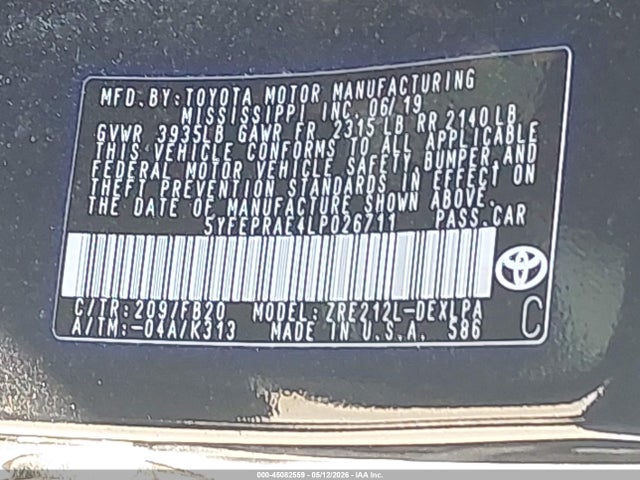 Aukcja sprzedaży 2020 Toyota Corolla Le, vin: 5YFEPRAE4LP026711, numer aukcji: 45082559