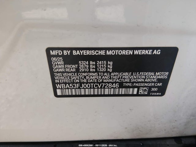 45082561 :رقم المزاد ، WBA53FJ00TCV72846 vin ، 2026 Bmw 530i Xdrive مزاد بيع