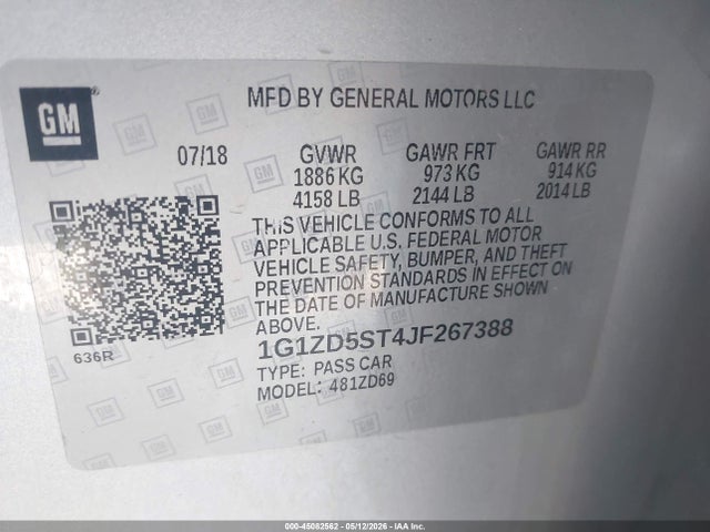 45082562 :رقم المزاد ، 1G1ZD5ST4JF267388 vin ، 2018 Chevrolet Malibu Lt مزاد بيع