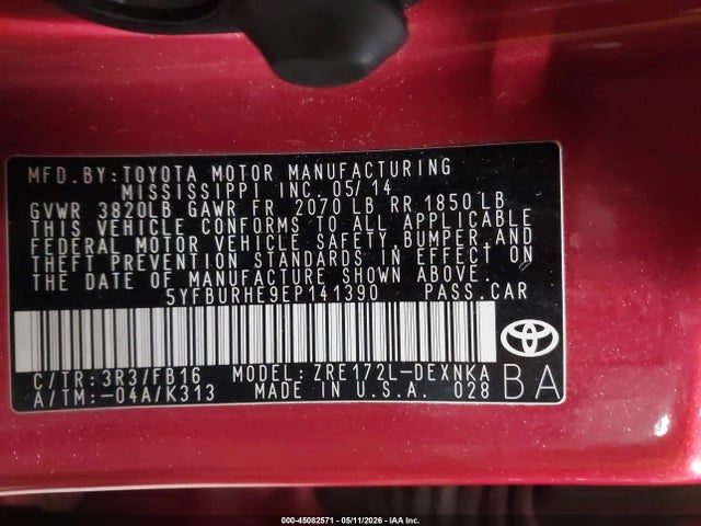 Aukcja sprzedaży 2014 Toyota Corolla Le, vin: 5YFBURHE9EP141390, numer aukcji: 45082571