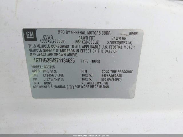 45082585 :رقم المزاد ، 1GTHG39V271134625 vin ، 2007 Gmc Savana Work Van مزاد بيع