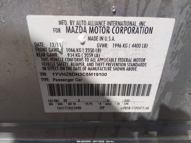 Aukcja sprzedaży 2012 Mazda Mazda6 I Touring, vin: 1YVHZ8DH3C5M19100, numer aukcji: 45082591
