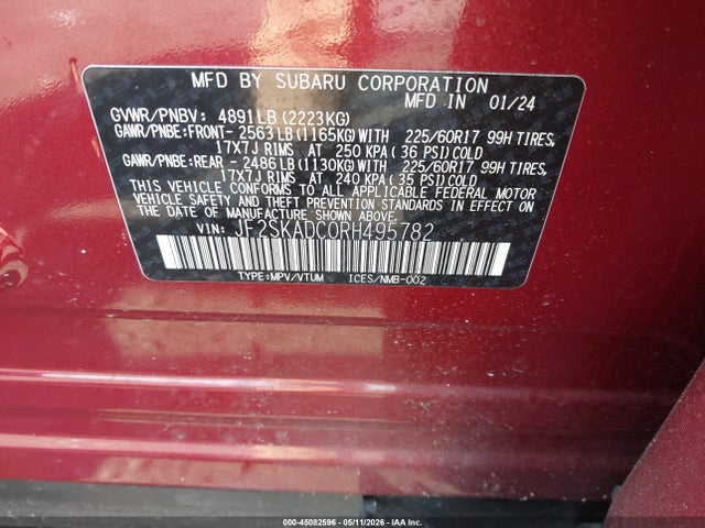 2024 Subaru Forester Premium მანქანა იყიდება აუქციონზე, vin: JF2SKADC0RH495782, აუქციონის ნომერი: 45082596