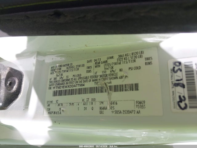 2013 Ford E-150 Commercial მანქანა იყიდება აუქციონზე, vin: 1FTNE1EWXDDA77984, აუქციონის ნომერი: 45082600