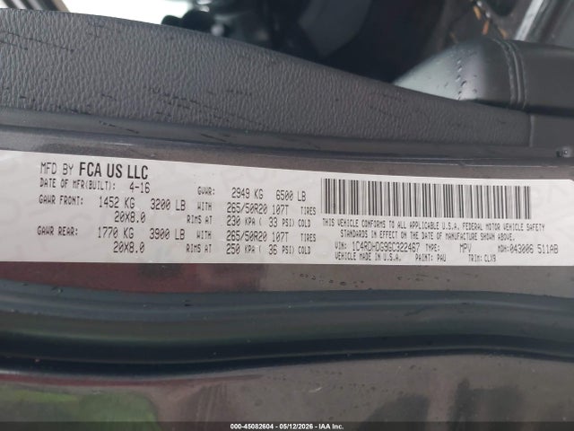 2016 Dodge Durango Limited მანქანა იყიდება აუქციონზე, vin: 1C4RDHDG9GC322467, აუქციონის ნომერი: 45082604