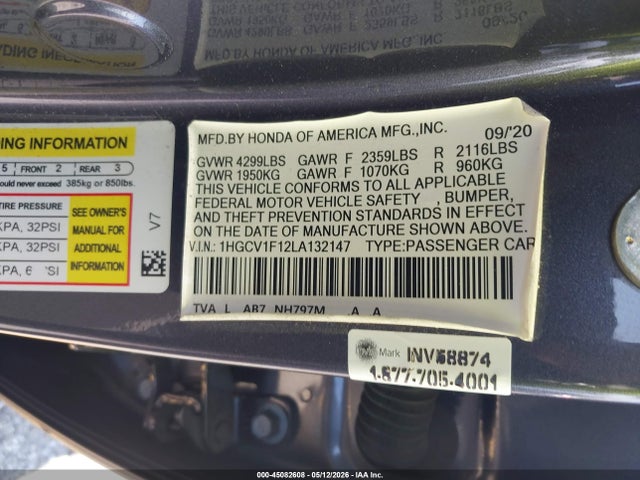 Aukcja sprzedaży 2020 Honda Accord Lx, vin: 1HGCV1F12LA132147, numer aukcji: 45082608