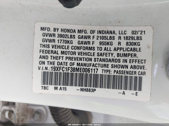 45082614 :رقم المزاد ، 19XFC1F38ME006117 vin ، 2021 Honda Civic Ex مزاد بيع
