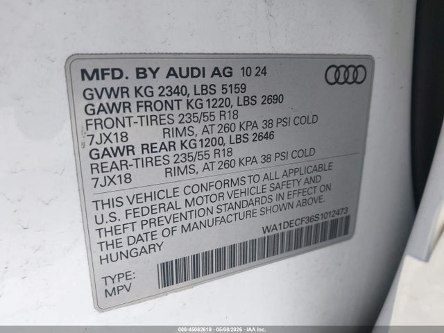 Aukcja sprzedaży 2025 Audi Q3 Premium 45 Tfsi S Line Quattro Tiptronic, vin: WA1DECF36S1012473, numer aukcji: 45082619