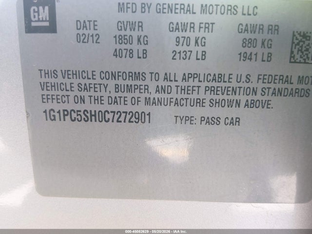 Aukcja sprzedaży 2012 Chevrolet Cruze Ls, vin: 1G1PC5SH0C7272901, numer aukcji: 45082629