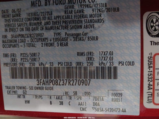 45082636 :رقم المزاد ، 3FAHP08Z37R270907 vin ، 2007 Ford Fusion Sel مزاد بيع
