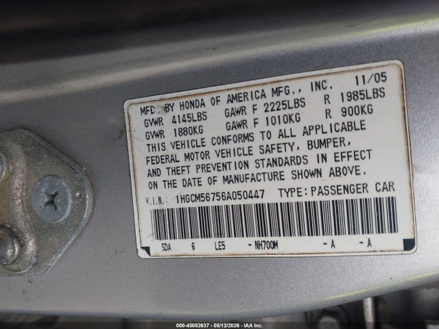 Aukcja sprzedaży 2006 Honda Accord 2.4 Ex, vin: 1HGCM56756A050447, numer aukcji: 45082637