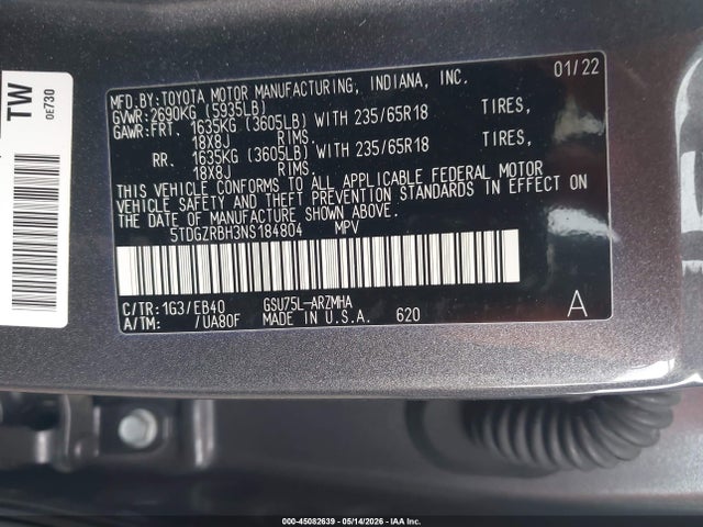 Продаж на аукціоні авто 2022 Toyota Highlander Xle, vin: 5TDGZRBH3NS184804, номер лоту: 45082639