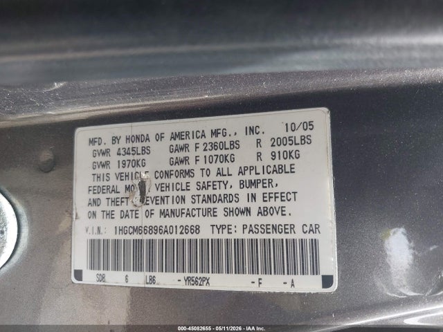Aukcja sprzedaży 2006 Honda Accord 3.0 Ex, vin: 1HGCM66896A012668, numer aukcji: 45082655