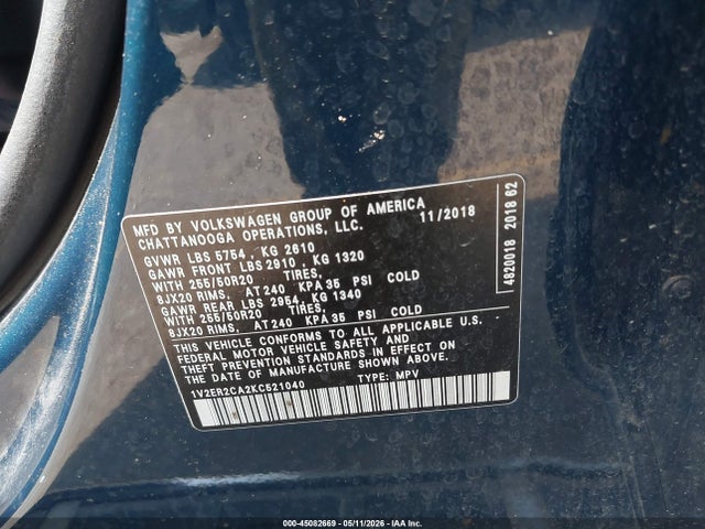 2019 Volkswagen Atlas 3.6l V6 Sel მანქანა იყიდება აუქციონზე, vin: 1V2ER2CA2KC521040, აუქციონის ნომერი: 45082669