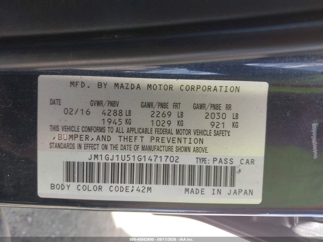 Продажа на аукционе авто 2016 Mazda Mazda6 I Sport, vin: JM1GJ1U51G1471702, номер лота: 45082690