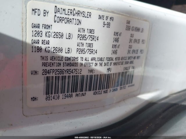 Продаж на аукціоні авто 2000 Dodge Caravan, vin: 2B4FP25B6YR547512, номер лоту: 45082692