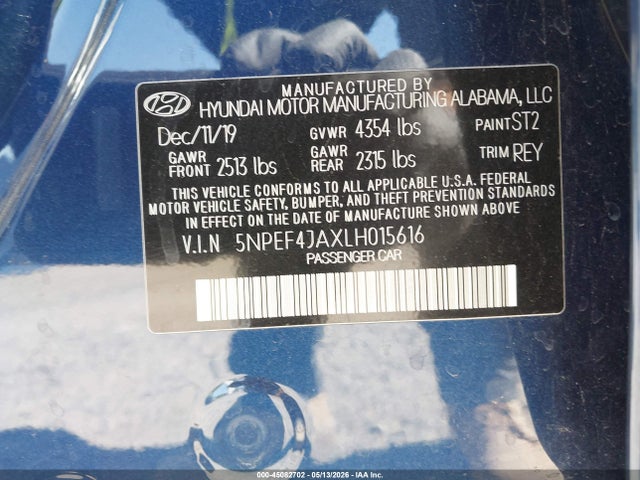 Продаж на аукціоні авто 2020 Hyundai Sonata Sel, vin: 5NPEF4JAXLH015616, номер лоту: 45082702