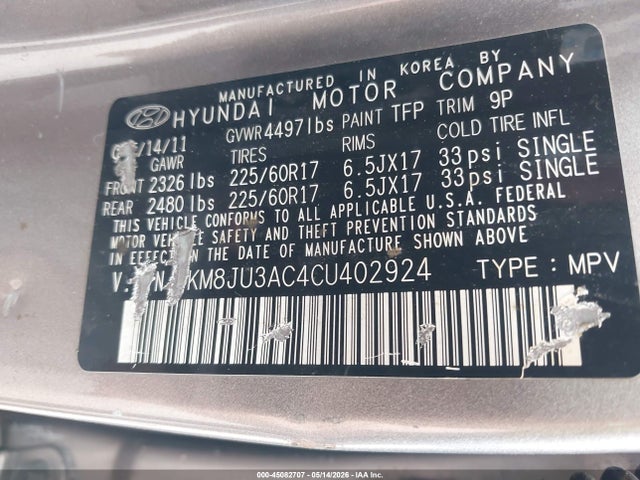 Продажа на аукционе авто 2012 Hyundai Tucson Gls, vin: KM8JU3AC4CU402924, номер лота: 45082707