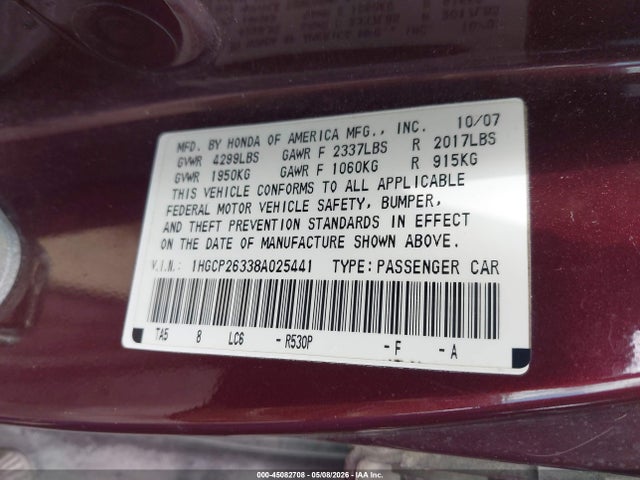 2008 Honda Accord 2.4 Lx მანქანა იყიდება აუქციონზე, vin: 1HGCP26338A025441, აუქციონის ნომერი: 45082708