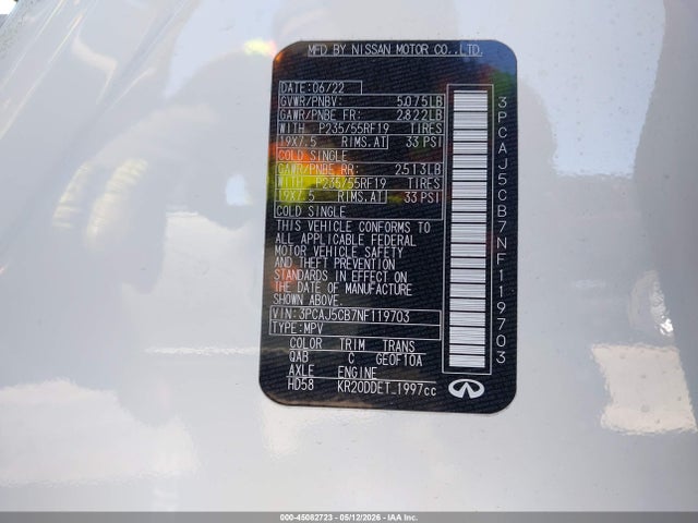45082723 :رقم المزاد ، 3PCAJ5CB7NF119703 vin ، 2022 Infiniti Qx50 Essential Awd مزاد بيع