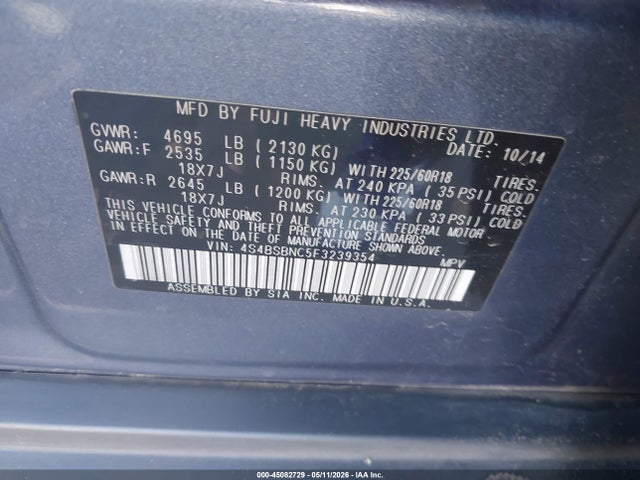 Subaru Outback 2.5i Limited 2015 4S4BSBNC5F3239354 Image 9