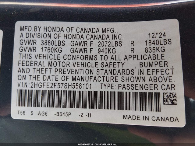 Honda Civic Sport 2025 2HGFE2F57SH558101 Image 9
