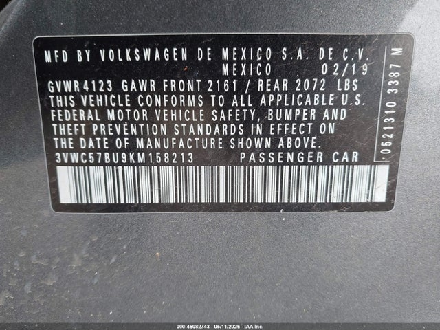 45082743 :رقم المزاد ، 3VWC57BU9KM158213 vin ، 2019 Volkswagen Jetta 1.4t R-line/1.4t S/1.4t Se مزاد بيع