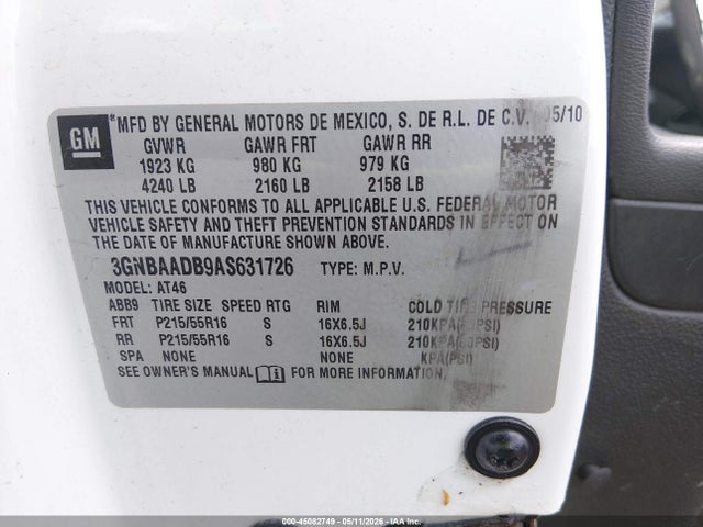 Продажа на аукционе авто 2010 Chevrolet Hhr Ls, vin: 3GNBAADB9AS631726, номер лота: 45082749