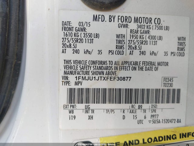 45082750 :رقم المزاد ، 1FMJU1JTXFEF30877 vin ، 2015 Ford Expedition Xlt مزاد بيع