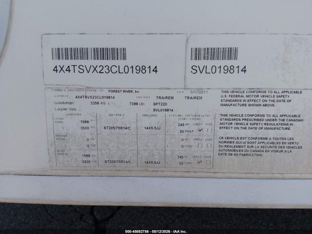 2012 Forest River Surveyor მანქანა იყიდება აუქციონზე, vin: 4X4TSVX23CL019814, აუქციონის ნომერი: 45082756