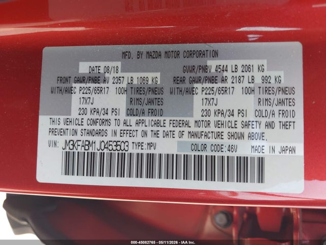Aukcja sprzedaży 2018 Mazda Cx-5 Sport, vin: JM3KFABM1J0453503, numer aukcji: 45082765