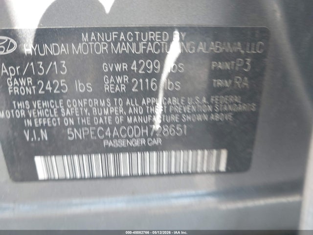 45082766 :رقم المزاد ، 5NPEC4AC0DH728651 vin ، 2013 Hyundai Sonata Limited مزاد بيع