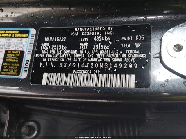 Aukcja sprzedaży 2022 Kia K5 Lxs, vin: 5XXG14J20NG149209, numer aukcji: 45082769