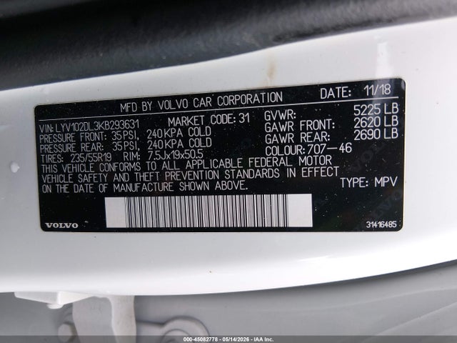 Aukcja sprzedaży 2019 Volvo Xc60 T5 Inscription, vin: LYV102DL3KB293631, numer aukcji: 45082778