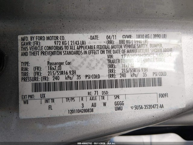 Aukcja sprzedaży 2012 Ford Focus Sel, vin: 1FAHP3H20CL148034, numer aukcji: 45082782