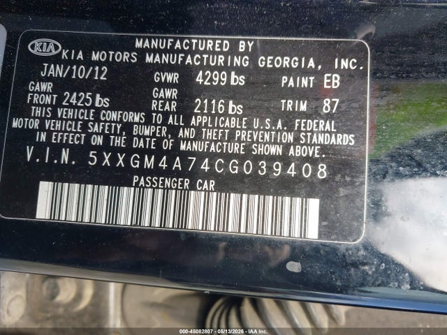 Aukcja sprzedaży 2012 Kia Optima Lx, vin: 5XXGM4A74CG039408, numer aukcji: 45082807