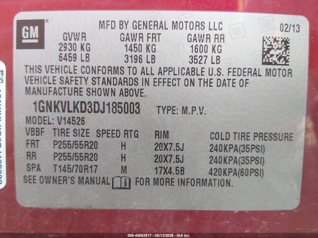 Продаж на аукціоні авто 2013 Chevrolet Traverse Ltz, vin: 1GNKVLKD3DJ185003, номер лоту: 45082817