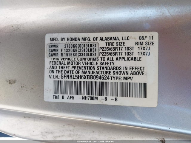 2011 Honda Odyssey Ex-l მანქანა იყიდება აუქციონზე, vin: 5FNRL5H6XBB094624, აუქციონის ნომერი: 45082823