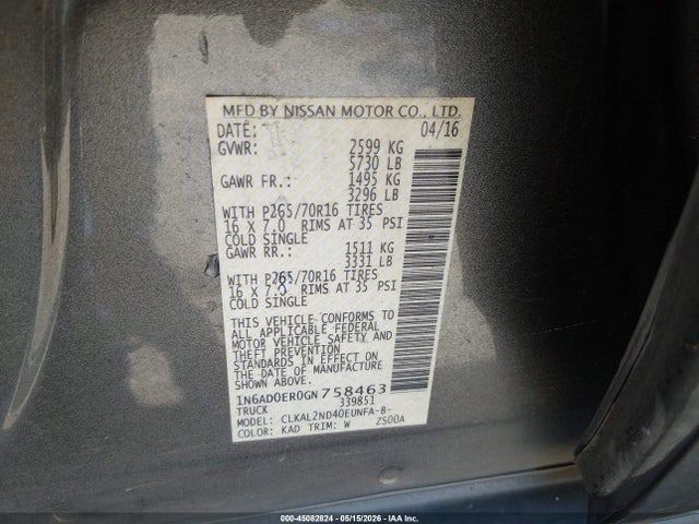 Aukcja sprzedaży 2016 Nissan Frontier Sv, vin: 1N6AD0ER0GN758463, numer aukcji: 45082824