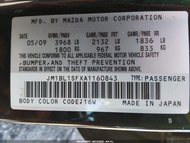 Aukcja sprzedaży 2010 Mazda Mazda3 I Touring, vin: JM1BL1SFXA1160843, numer aukcji: 45082827