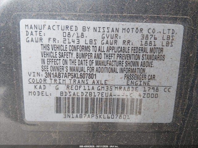 Продаж на аукціоні авто 2019 Nissan Sentra Sv, vin: 3N1AB7AP5KL607801, номер лоту: 45082829
