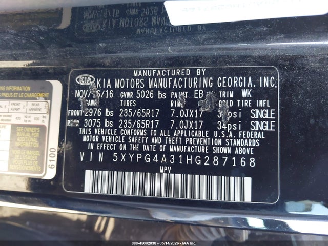 Aukcja sprzedaży 2017 Kia Sorento 2.4l Lx, vin: 5XYPG4A31HG287168, numer aukcji: 45082838