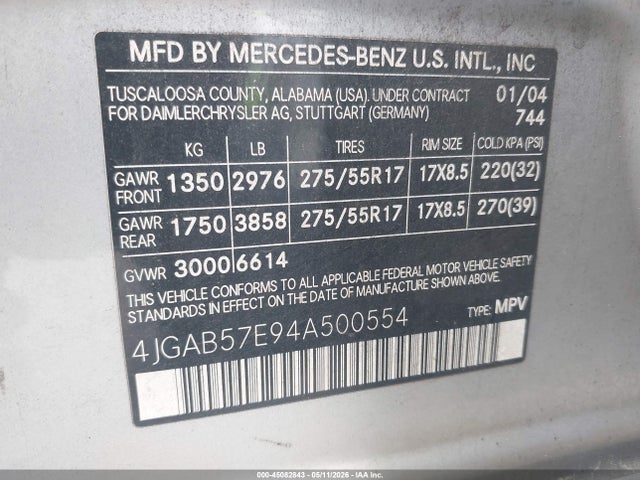 45082843 :رقم المزاد ، 4JGAB57E94A500554 vin ، 2004 Mercedes-benz Ml 350 4matic مزاد بيع