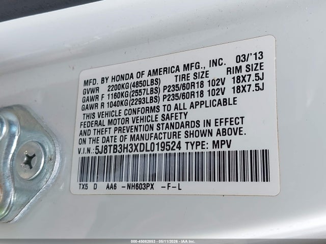 2013 Acura Rdx მანქანა იყიდება აუქციონზე, vin: 5J8TB3H3XDL019524, აუქციონის ნომერი: 45082853