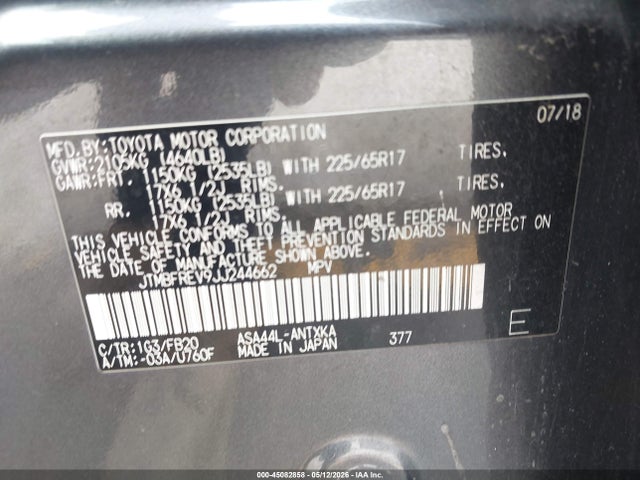 Aukcja sprzedaży 2018 Toyota Rav4 Le, vin: JTMBFREV9JJ244662, numer aukcji: 45082858