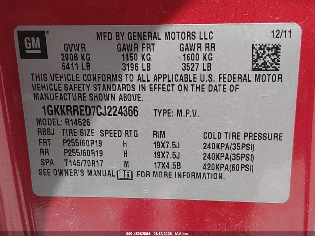 Aukcja sprzedaży 2012 Gmc Acadia Slt-1, vin: 1GKKRRED7CJ224366, numer aukcji: 45082864