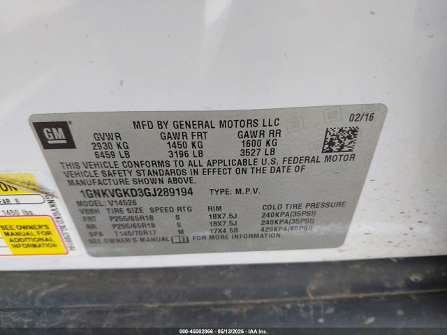 1GNKVGKD3GJ289194 Chevrolet Traverse 1lt