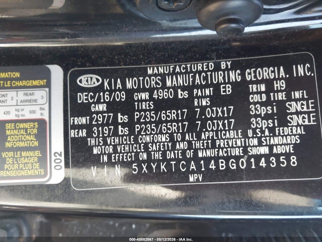 Продажа на аукционе авто 2011 Kia Sorento Lx, vin: 5XYKTCA14BG014358, номер лота: 45082867