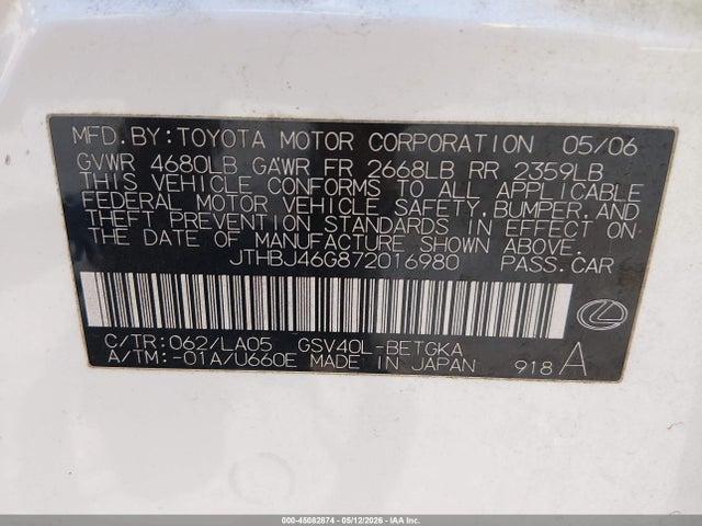 Aukcja sprzedaży 2007 Lexus Es 350, vin: JTHBJ46G872016980, numer aukcji: 45082874